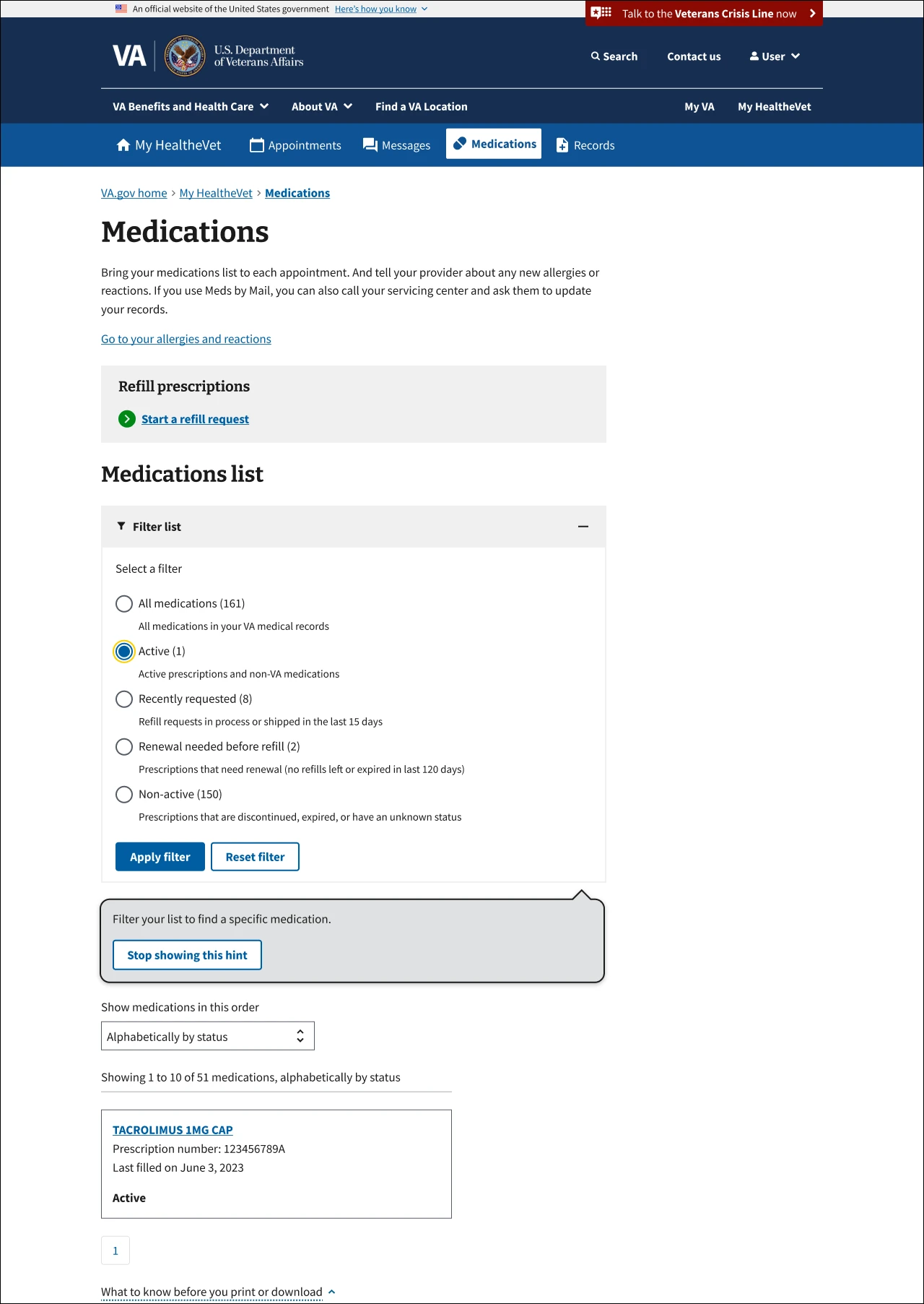 VA.gov Medications Landing Page